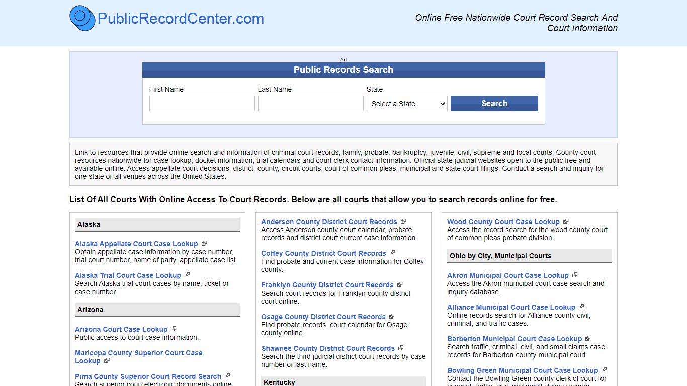 Nationwide Court Directory - PublicRecordCenter.com